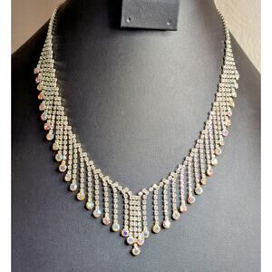 Rhinestone AB Crystal Fringe Dangle Silver Tone 17"-18" Necklace